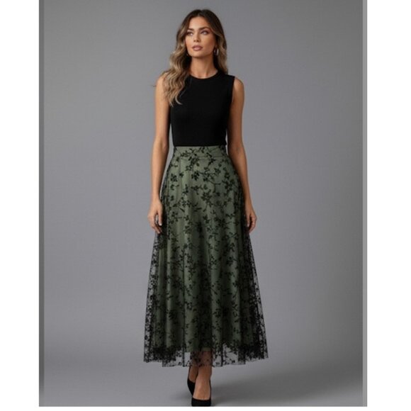 Floral Flocking Tulle Long A-Line Skirt Green* - Picture 3 of 11